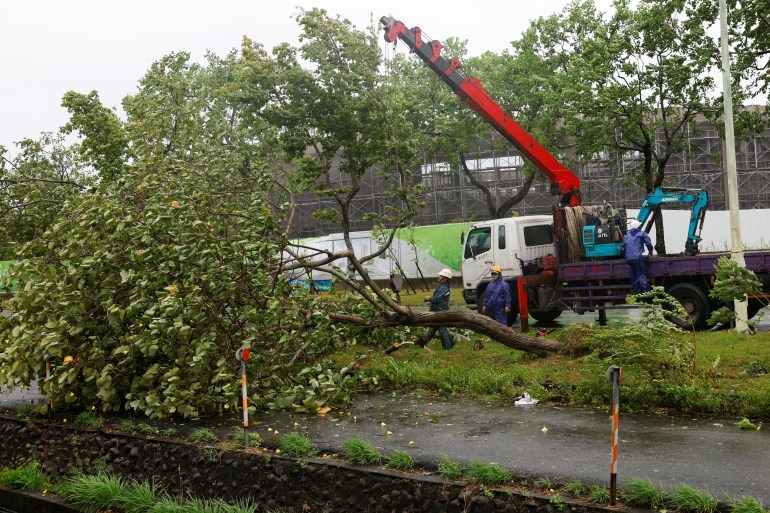 Workers use a crane while cutting a fallen tree after Typhoon Gaemi passed northern Taiwan in Yilan, Taiwan July 25, 2024. REUTERS/Carlos Garcia Rawlins