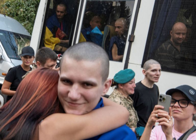 Ukrainian prisoners of war are seen after a swap, amid Russia's attack on Ukraine, at an unknown location in UkraineUkrainian prisoners of war (POWs) are seen after a swap, amid Russia's attack on Ukraine, at an unknown location in Ukraine September 13, 2024. REUTERS/Vladyslav Musiienko TPX IMAGES OF THE DAY DATE 13/09/2024 SIZE 3500 x 2502 Country Ukraine SOURCE REUTERS/Vladyslav Musiienk