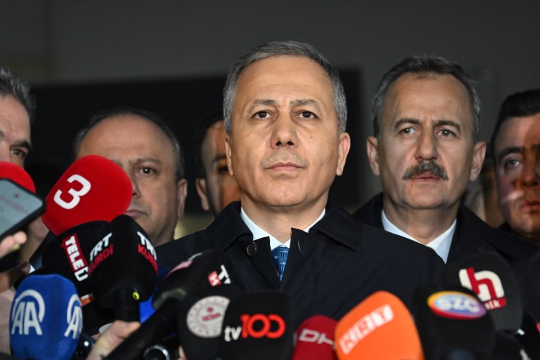 ANKARA, TURKIYE - OCTOBER 23: Turkish Interior Minister Ali Yerlikaya makes a press statement following a terrorist attack on Turkish Aerospace Iشndustries' (TAI) facilities in the Kahramankazan district of Ankara, Turkiye on October 23, 2024. ( Muhammed Abdullah Kurtar - Anadolu Agency )