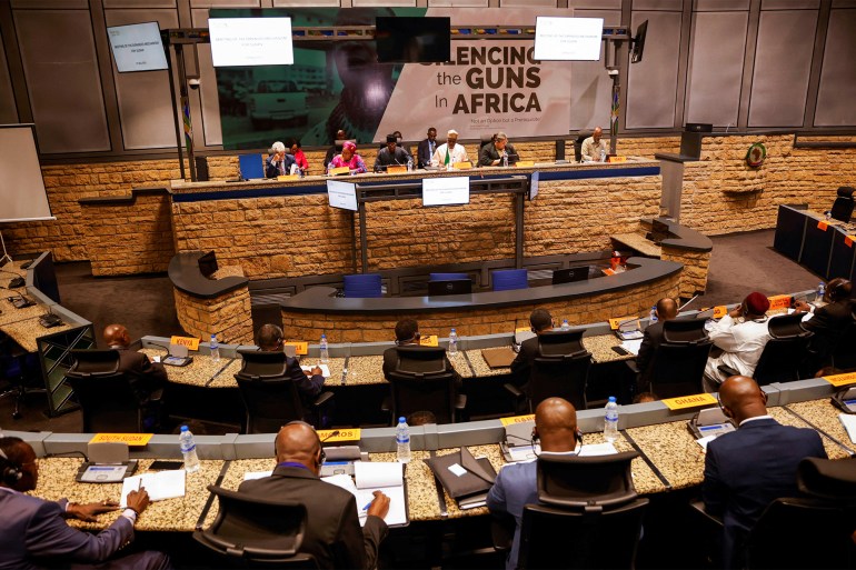 African Union Commission (AUC) Chairperson, Moussa Faki Mahamat addresses the meeting of the Peace and Security Council of the Ministerial special session on Sudan at the African Union Commission (AUC) headquarters in Addis Ababa, Ethiopia May 2, 2023. REUTERS/Tiksa Negeri