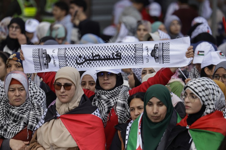 Women take part in a national march in support of Palestinians and against Morocco's normalisation of ties with Israel, in the capital Rabat on April 6, 2025. (Photo by Abdel Majid BZIOUAT / AFP)