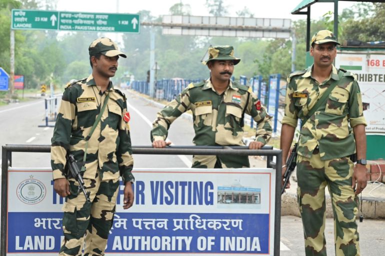 Indian Border Security Force (BSF) personnel stand guard near the India-Pakistan Wagah border post, about 35kms from Amritsar on May 5, 2025.