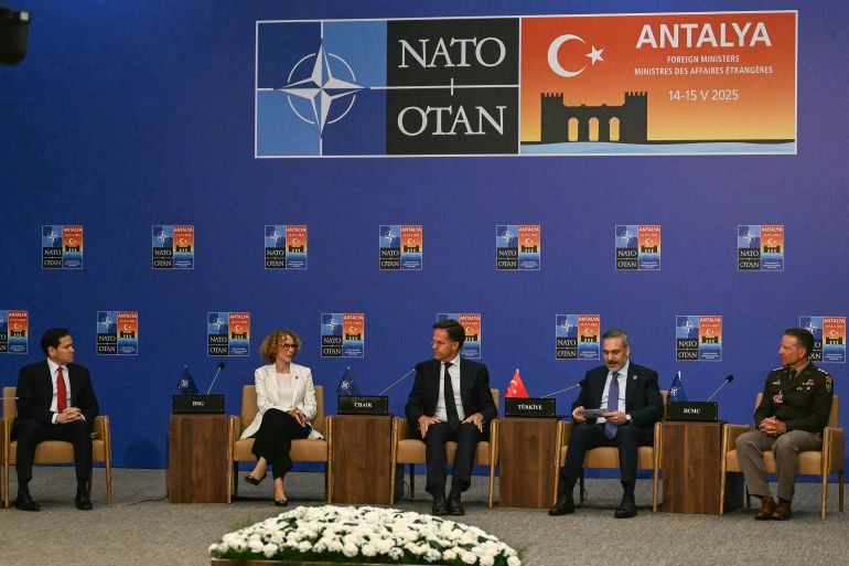 (From L) US Secretary of State Marco Rubio, NATO Deputy Secretary General Radmila Sekerinska, NATO Secretary General Mark Rutte, Turkey's Foreign Minister Hakan Fidan and NATO Deputy Chair of the Military Committee Lieutenant General Andrew M. Rohling take part in an informal meeting of The North Atlantic Treaty Organisation (NATO) foreign ministers ahead of potential peace talks between Ukraine and Russia in Turkey, in Antalya, on May 15, 2025.