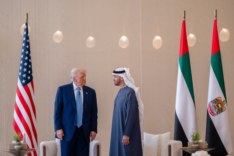 epa12106237 A handout photo made available by the UAE's Presidential Court shows President of the United Arab Emirates Sheikh Mohamed bin Zayed Al Nahyan (R) speaking with US President Donald Trump, at the Presidential Airport in Abu Dhabi, United Arab Emirates, 16 May 2025. EPA-EFE/UAE PRESIDENTIAL COURT / HANDOUT HANDOUT EDITORIAL USE ONLY/NO SALES