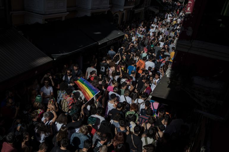 ISTANBUL, TURKEY - JUNE 30: LGBT supporters walk down a street on June 30, 2019 in Istanbul, Turkey. For the fifth year in a row the Pride March was banned by authorities. People gathered in a small street before being met and dispersed by police units. Newly elected Istanbul mayor Ekrem Imamoglul announced that any group was free to demonstrate as long as they do not disturb the peace and he will discuss the ban with relevant authorities in the coming weeks.