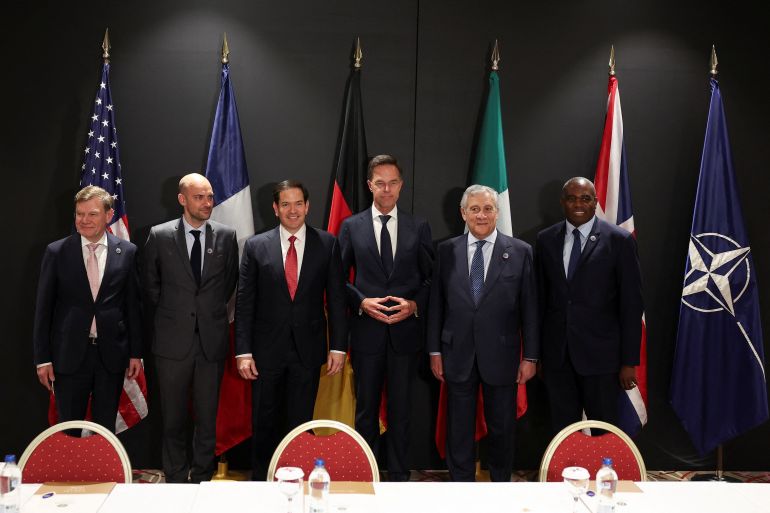 U.S. Secretary of State Marco Rubio, NATO Secretary General Mark Rutte, Britain's Foreign Secretary David Lammy, Germany's Foreign Minister Johann Wadephul, French Foreign Minister Jean-Noel Barrot and Italy's Foreign Minister Antonio Tajani pose for a family photo, in Antalya, Turkey May 15, 2025. REUTERS/Umit Bektas/Pool