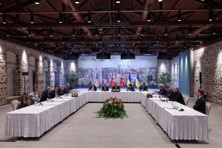 ISTANBUL, TURKEY - MAY 16: (EDITOR’S NOTE: This Handout image was provided by a third-party organization and may not adhere to Getty Images’ editorial policy.) In this handout image provided by Turkish Foreign Ministry, Ukrainian, American and Russian delegates meet for Ukraine-Russia peace talks at the office of Turkish President in Dolmabahce Palace on May 16, 2025 in Istanbul, Turkey. Under pressure from the United States to negotiate with Russia, President Zelensky had challenged Russian President Vladimir Putin to meet him in Turkey for direct negotiations, although Putin declined the invitation. US Secretary of State Marco Rubio has arrived in Turkey to attend the talks, but has said that US President Donald Trump and Russian President Vladimir Putin need to meet for progress to be made. (Handout photo by Arda Kucukkaya/Turkish Foreign Ministry via Getty Images)
