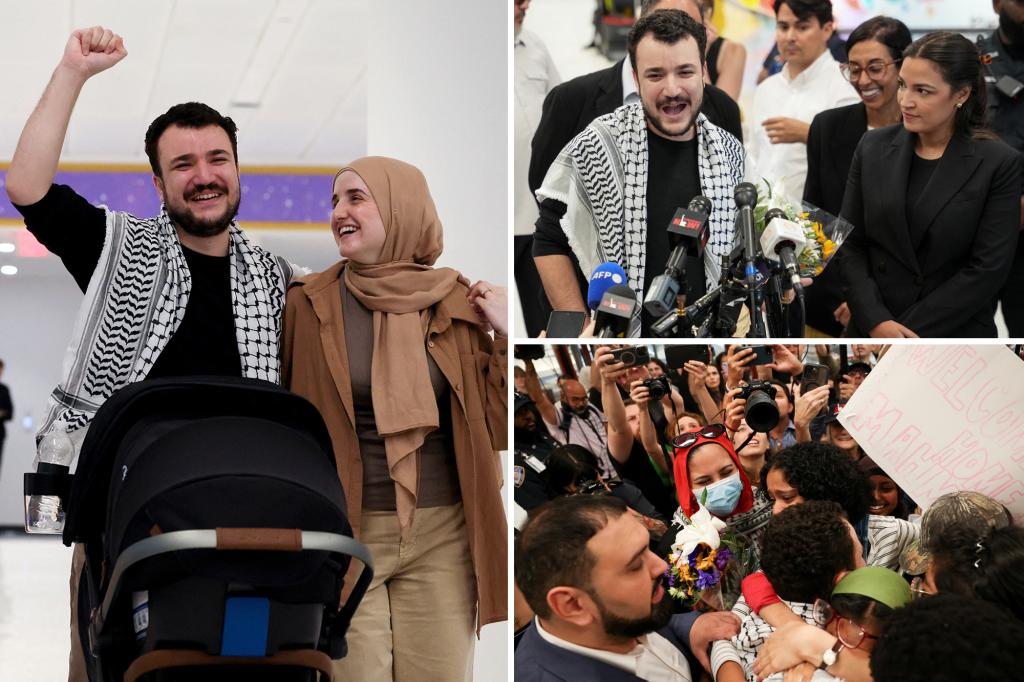 المتظاهر المضاد لإسرائيل محمود خليل يجعل العودة العاطفية إلى الوطن ، ويحتضن الزوجة ، ويحمل مؤتمرا صحفيا مع AOC