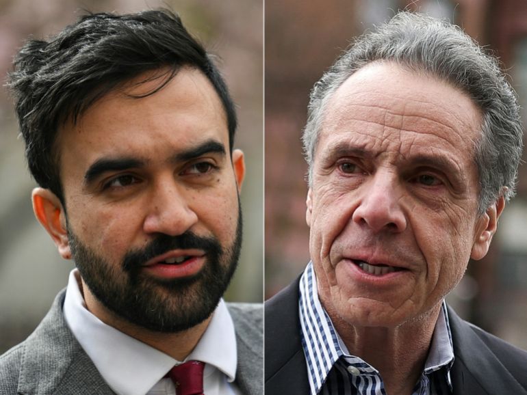 (COMBO) This combination of pictures created on June 24, 2025 shows New York City mayoral candidate and democratic State Representative Zohran Mamdani (L) in New York City on April 16, 2025 and New York City mayoral candidate Andrew Cuomo (R) in New York City on April 13, 2025.