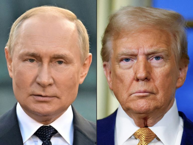 TOPSHOT - (COMBO) This combination of file photographs created on August 8, 2025 shows Russian President Vladimir Putin (L) giving a speech during an event to mark the 1160th anniversary of Russia's statehood in Veliky Novgorod on September 21, 2022, and US President-elect Donald Trump looking on during a meeting with France's President at the Elysee Palace in Paris, on December 7, 2024.