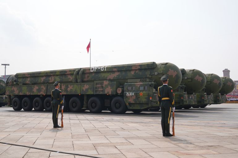 DF-61 missiles take part in a military parade to commemorate the 80th anniversary of Japan's World War II surrender held in front of Tiananmen Gate in Beijing, Wednesday, Sept. 3, 2025. (AP Photo/Andy Wong)