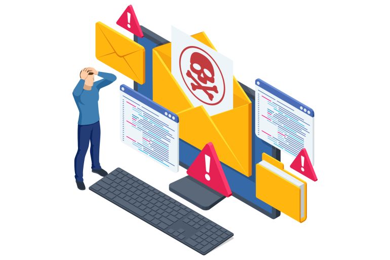 Isometric scene of a shocked user beside a giant malware-marked envelope erupting code windows and red warning triangles, depicting a hacker s phishing breach. Phishing attack