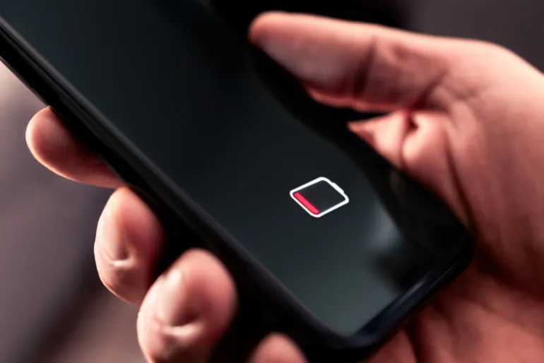 Phone battery with low charge. Cellphone with no power. Energy drain. Empty load and dead smartphone. Mobile recharge life icon symbol on screen. Man holding device in hand. Bad broken technology.