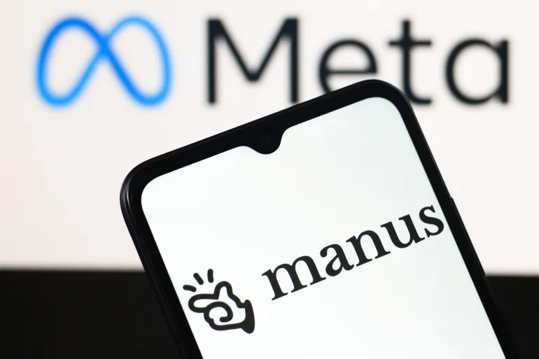 The Manus AI logo is seen displayed on a smartphone screen and the Meta logo in the background. December 30, 2025, United States