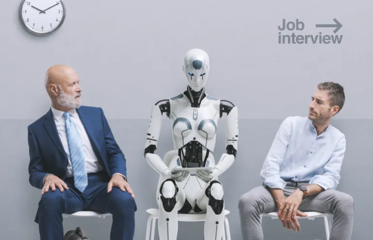 Disappointed job applicants sitting in the waiting room and staring at the AI robot candidate, they are waiting for the job interview